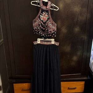 Embroidered 2 piece long dark blue floral Dress